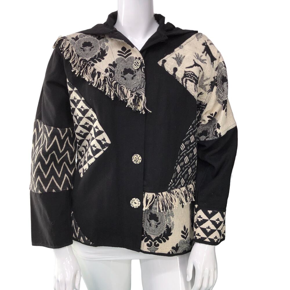 Passports Womens Size S Patchwork Jacket Embroidery Hood Button Front Cotton VTG